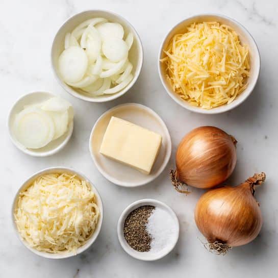 The image shows six small white bowls and two whole onions on a white marbled surface. In the top left bowl are thinly sliced white onions with a smooth, slightly translucent texture. Next to it on the right is a bowl filled with yellow shredded cheese. Below that is a small bowl holding a block of pale yellow butter with a firm texture. At the bottom left is another white bowl filled with a lighter yellow shredded cheese, fluffier in look than the one above. In the middle lies a small bowl containing a mix of ground black pepper and white powdery salt. The two whole onions on the right side have dry, brown outer skins and rough stems. photo taken with an iphone --ar 4:5 --v 7
