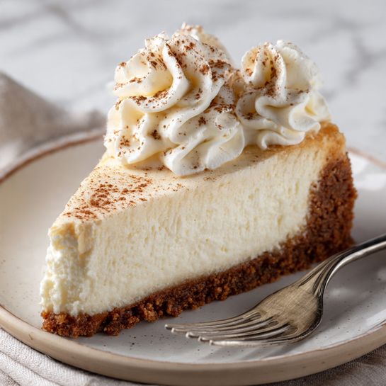 A slice of creamy cheesecake sits on a white plate with a rough textured brown crust at the bottom. The cheesecake layer is thick and smooth, pale yellow in color. On top, there is a generous swirl of white whipped cream, sprinkled lightly with brown powder. The plate rests on a white marbled surface, and a silver fork lies to the right of the plate. Photo taken with an iphone --ar 4:5 --v 7
