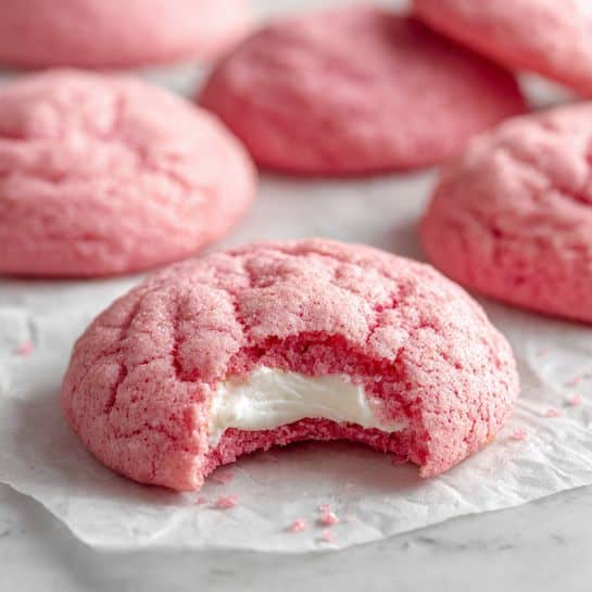 The image shows soft, round pink cookies with a sugar-like texture on the outside. One cookie in the front has a bite showing a creamy white filling inside. The cookies are slightly wrinkled on the surface and rest on a sheet of parchment paper on a white marbled surface. The background has more cookies blurred out, giving a sense of a batch fresh from baking. photo taken with an iphone --ar 4:5 --v 7