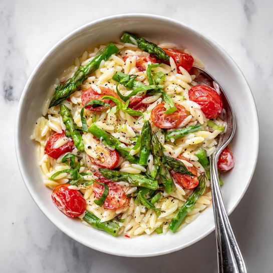 A white bowl filled with creamy orzo pasta as the base layer, covered with fresh green asparagus pieces and bright red cherry tomato halves. Light green fresh basil leaves and thin basil strips are scattered on top, with a light sprinkle of black pepper adding texture. The creamy sauce coats the orzo evenly, giving a smooth, glossy look. A silver fork rests inside the bowl on the right side, all placed on a white marbled surface. Photo taken with an iphone --ar 4:5 --v 7