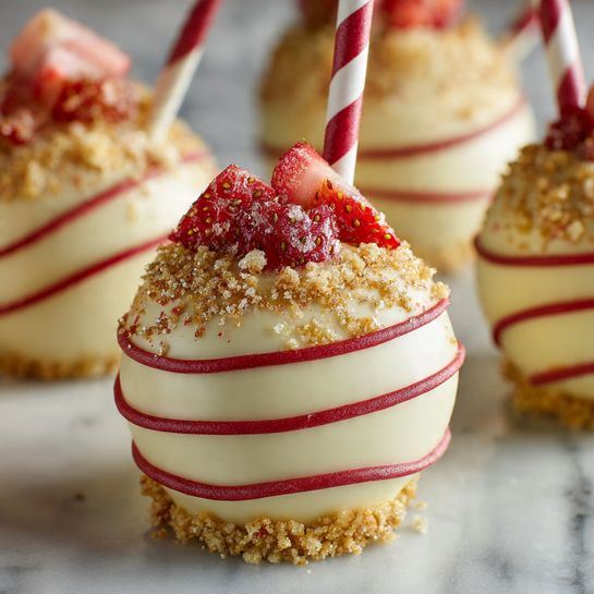The image shows a close-up of a round dessert coated in smooth white chocolate, decorated with neat red stripes circling around it horizontally. The top edge is covered with crunchy golden and red crumbs, adding texture. Fresh, bright red strawberry pieces sit in a small pile at the top center, around a red and white striped straw inserted into the middle. The dessert rests on a white marbled surface, with similar desserts blurred in the background, highlighting the detailed textures and colors of the front one photo taken with an iphone --ar 4:5 --v 7