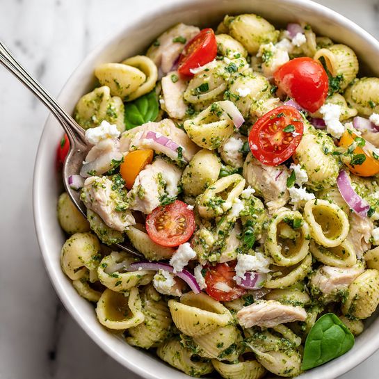 A white bowl filled with a colorful pasta salad, showing three main layers: small shell pasta coated in green pesto as the base, pieces of light-colored chicken mixed evenly throughout, and bright red cherry tomato halves scattered on top. There are also small chunks of white cheese and bits of purple onion mixed in, with a few fresh green spinach leaves visible near the bottom. A silver spoon lifts a bite with a mix of all the ingredients. The bowl sits on a white marbled surface. Photo taken with an iphone --ar 4:5 --v 7