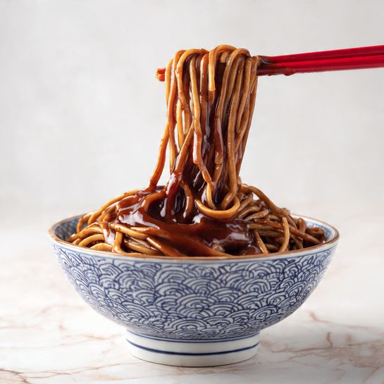 A bowl with a blue and white pattern is filled with shiny brown noodles covered in a thick sauce. A pair of red chopsticks hold up a bundle of the noodles above the bowl, showing their smooth and glossy texture as they drip sauce. The bowl is set on a white marbled surface. photo taken with an iphone --ar 4:5 --v 7