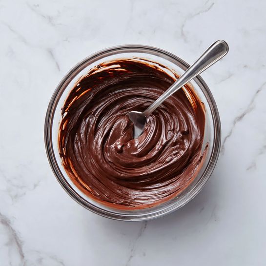A clear glass bowl filled with one thick layer of smooth, shiny dark brown chocolate mixture that has swirls from stirring, with a silver spoon resting inside, all placed on a white marbled surface photo taken with an iphone --ar 4:5 --v 7