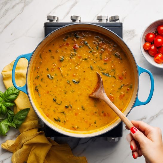 A large blue cast iron pot filled with a creamy orange soup that shows small bits of herbs and tomato pieces mixed in, being stirred with a wooden spoon held by a woman's hand with red nail polish. The pot sits on a black and silver stovetop on a white marbled surface, with a yellow cloth partially visible underneath the stove and some fresh green basil leaves near the bottom left corner. In the top right corner, there is a white bowl with halved cherry tomatoes. Photo taken with an iphone --ar 4:5 --v 7