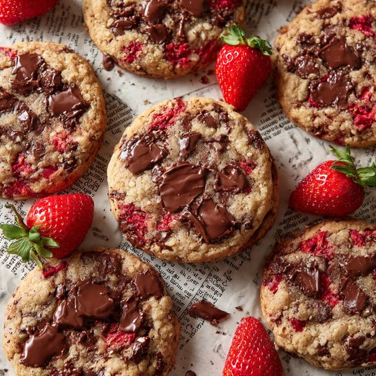 The image shows several round cookies with a rough, chunky texture scattered over a white marbled surface covered with printed newspaper. Each cookie has three main visual layers: a light brown cookie base with a slightly crumbly texture, embedded bright red pieces of strawberry scattered throughout the cookie, and thick, dark chocolate chunks melted partly into the surface giving a shiny and rich look. Some cookie pieces are broken with strawberry and chocolate parts visible inside. Fresh whole strawberries with bright red skin and green leaves are placed around the cookies, adding contrast. Photo taken with an iphone --ar 4:5 --v 7