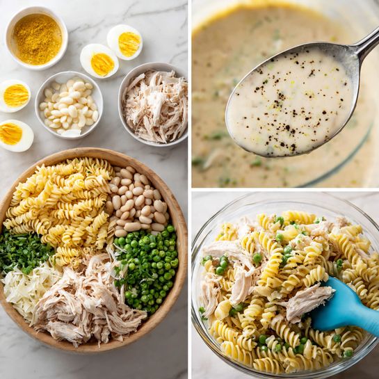 The image shows four photos of ingredients and preparation for a pasta salad on a white marbled surface. The first photo has several small white bowls arranged around a wooden bowl filled with pale yellow rotini pasta: one bowl has chopped boiled eggs with yellow yolks, another has shredded light-colored chicken, a small bowl of mayonnaise, white beans, chopped green onions, chopped green herbs, small green peas, mustard in a white bowl, and apple cider vinegar. The second photo is a close-up of a metal spoon holding creamy dressing with black pepper specks above a clear mixer cup. The third photo shows all the ingredients added into a large clear glass bowl in separate sections: rotini pasta, chopped boiled eggs, shredded chicken, green peas, white beans, green onions, chopped herbs, and creamy dressing with pepper flecks in the center. The final photo shows the ingredients all stirred together in the large clear bowl, coating the pasta and other ingredients in a creamy dressing with visible green peas, herbs, and egg bits. A blue spatula is partly visible mixing the salad. Photo taken with an iphone --ar 4:5 --v 7