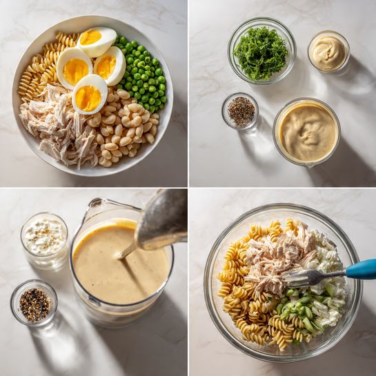 The image shows four steps of making a pasta salad with rotini pasta. In the first frame, different ingredients are laid out on a white marbled surface including chopped hard-boiled eggs with yellow yolks and white edges in a white bowl, plain rotini pasta in a white bowl, shredded light tan chicken pieces in a white bowl, green peas, chopped green onions, white beans, mayonnaise in a small glass bowl, and fresh green herbs in small glass bowls along with some sauces. The second frame shows a close-up of a creamy dressing with black pepper specks held on a spoon over a small clear blender container. The third frame displays all ingredients combined in a clear mixing bowl separated in sections: green peas, white beans, green herbs, rotini pasta, shredded chicken, chopped green onions, chopped eggs, and the creamy dressing in the center. The final frame shows the salad mixed evenly with the creamy dressing coating the ingredients in the clear bowl, and a blue spatula resting inside. Photo taken with an iphone --ar 4:5 --v 7