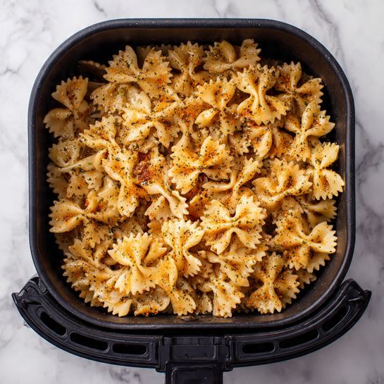 A close-up view of many pieces of cooked bow-tie pasta inside a black air fryer basket. The pasta shows a crispy texture with golden brown and light yellow colors, with some pieces showing slightly darker edges. The basket is centered in the image, with its handle visible at the bottom. The background has a white marbled texture. photo taken with an iphone --ar 4:5 --v 7