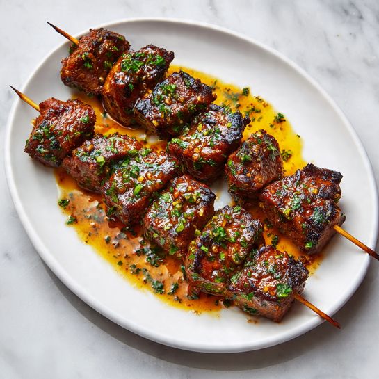 The image shows two wooden skewers with grilled meat pieces on a white plate. Each skewer has about six large, browned meat chunks that have a caramelized, slightly charred surface with green herbs sprinkled on top. The meat looks juicy and textured, with glossy spots from the sauce. The white plate sits on a white marbled surface. photo taken with an iphone --ar 4:5 --v 7
