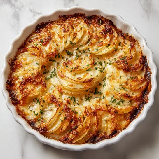 A white scalloped dish filled with baked onion slices layered with melted, golden-brown cheese, with some edges crisped and slightly darker brown. The onion rings are translucent with a soft texture under the crunchy cheese coating. Green herbs are sprinkled lightly over the top, adding a fresh look to the warm, rich dish. The dish sits on a white marbled surface, enhancing the golden colors and crispy textures. photo taken with an iphone --ar 4:5 --v 7
