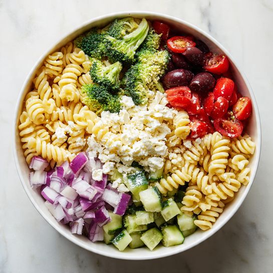 A white bowl filled with a colorful pasta salad showing three main layers: the bottom layer has spiral pasta in pale yellow, the middle layer contains bright green broccoli florets, red cherry tomato halves, small cucumber cubes, and light purple onion pieces, while the top layer is sprinkled with small white crumbles of cheese and scattered black olives. The salad textures include smooth cucumber, soft pasta, and crunchy broccoli, all sitting on a white marbled surface. photo taken with an iphone --ar 4:5 --v 7