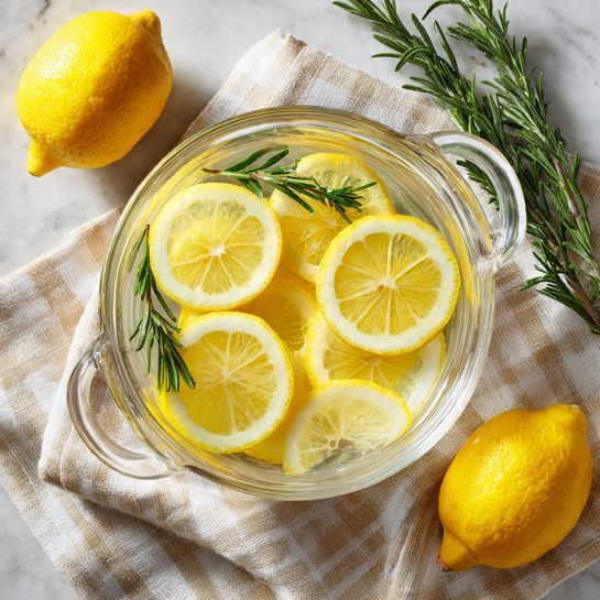 A clear glass bowl filled with water holds five bright yellow lemon slices floating on the surface, with two green sprigs of rosemary placed among the lemon slices. The bowl has two small handles on each side and is placed on a beige and white checkered cloth spread over a white marbled surface. To the left of the bowl lies a whole yellow lemon, and on the right side, a bundle of rosemary sprigs with another whole lemon sits on the cloth. The image has soft natural lighting, highlighting the fresh and vibrant colors of the lemons and rosemary. photo taken with an iphone --ar 4:5 --v 7