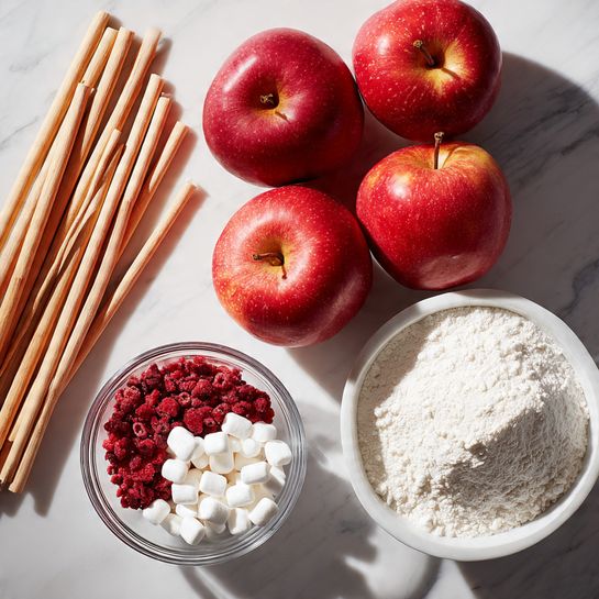 A white bowl filled with a pile of white flour sits in the bottom right corner, next to it are two clear glass bowls, one holding small white marshmallows and the other filled with red freeze-dried raspberries. Four shiny red apples are arranged in a square formation above the bowls. Light wooden sticks lie diagonally in the top left corner on a white marbled surface where all items rest. The scene is brightly lit with natural light, casting soft shadows. photo taken with an iphone --ar 4:5 --v 7