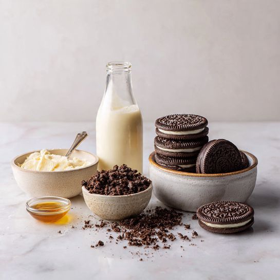 A close-up view of a thick cookie sandwich held by a woman's hand with purple nail polish, showing three layers: a dark chocolate cookie base, a thick creamy white layer with crushed cookie bits mixed in, and a top layer of the same creamy mixture with scattered cookie crumbs. In the background, there is a stack of similar cookie sandwiches and some whole dark chocolate cookies on a white marbled surface. The texture of the creamy layers looks smooth but slightly crumbly with visible cookie pieces mixed in. Photo taken with an iphone --ar 4:5 --v 7