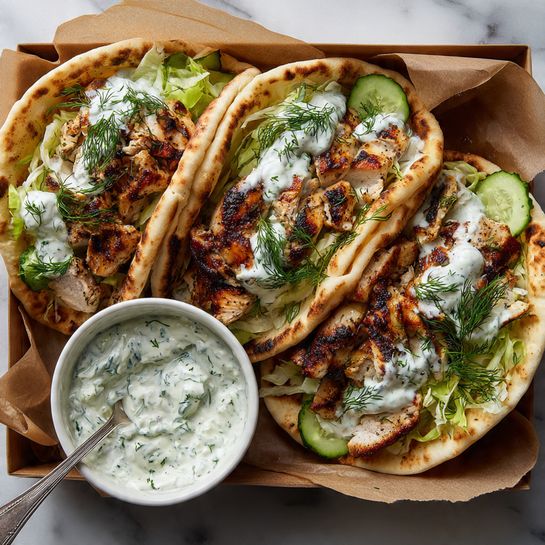Two thick pita sandwiches rest side by side on crumpled parchment paper atop a white marbled surface. Each pita is filled with several layers: at the bottom is a dark green leafy layer, topped by pieces of grilled chicken with a golden-brown charred texture. Above the chicken lies a layer of thinly sliced pale green shredded lettuce. This is partially covered by a creamy, light green sauce with visible herb specks. Sprigs of fresh dill peek out among the lettuce. To the right are two small rustic white bowls filled with more shredded lettuce and the same herb sauce, each containing a wooden spoon. photo taken with an iphone --ar 4:5 --v 7