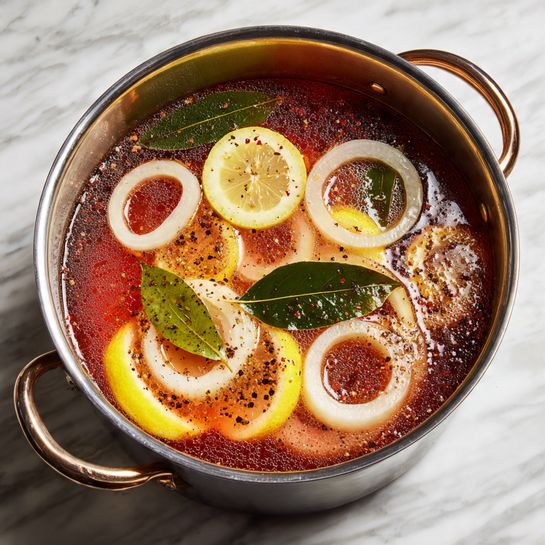 A large silver pot with handles holds a perforated inner basket full of a simmering reddish-brown liquid. Floating on top are several thick white onion rings and chunks, bright yellow lemon halves, and dark green bay leaves. The broth has scattered black and brown spices, giving it a speckled appearance. The pot is placed on a white marbled surface. photo taken with an iphone --ar 4:5 --v 7