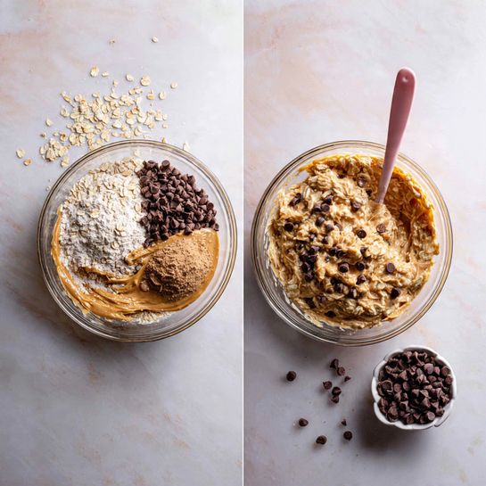 The image shows two side-by-side photos of a clear glass bowl on a white marbled surface with ingredients being mixed for a recipe. On the left side, the bowl contains separate layers: light brown peanut butter on the bottom left, a mashed yellowish layer in the center, beige rolled oats on the top left, dark brown chocolate chips on the top right, and a mound of light brown powder on the middle right. A pink spoon rests inside the bowl, with its handle leaning on the left side. Below the bowl, there are scattered chocolate chips on the white marbled surface and a small white bowl containing chocolate chips in the bottom right corner. On the right side, the ingredients in the bowl are thoroughly mixed, creating a chunky, textured mixture with scattered dark brown chocolate chips embedded throughout. The pink spoon is still in the bowl, standing upright. The background remains the white marbled surface. photo taken with an iphone --ar 4:5 --v 7