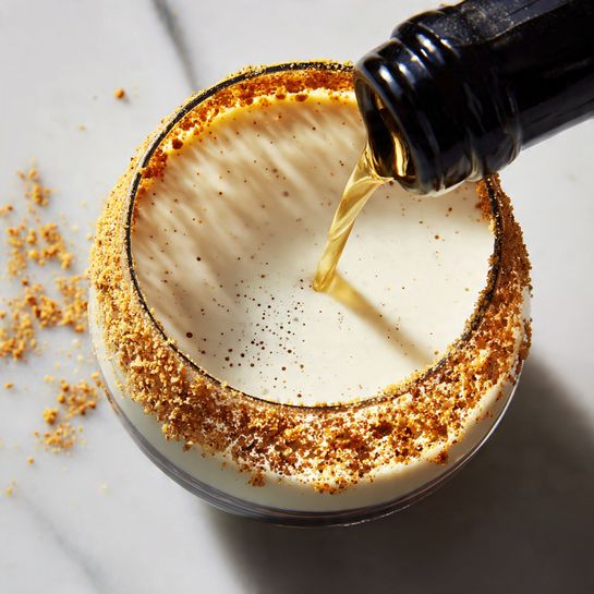 A close-up top view of a clear glass with a thick white creamy drink inside. The glass rim is coated with chunky golden crumbs rim around the edge, adding texture and color contrast. A black bottle is pouring the drink into the glass, with the creamy liquid showing some bubbles and a smooth texture. The glass is positioned on a white marbled surface, highlighting the colors and details of the drink clearly. photo taken with an iphone --ar 4:5 --v 7