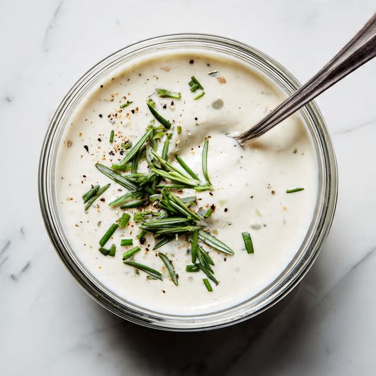 A clear glass bowl filled with thick, creamy white sauce with a smooth texture and small black pepper specks. Bright green chopped herbs are scattered on top, adding color contrast. A spoon is placed inside the bowl, partially covered with the sauce. The bowl sits on a white marbled surface. photo taken with an iphone --ar 4:5 --v 7