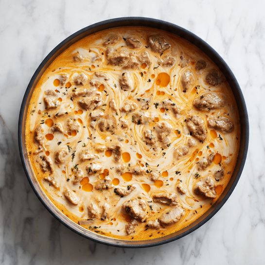 The image shows a black pan with several small, light brown meat pieces cooked in it. They are spread around the edges of the pan, with some finely chopped onions scattered among them. On top of and covering most of the meat pieces is a thick, creamy sauce that is light orange in color with visible swirls and a smooth texture. Small drops of a darker orange liquid are scattered on the surface of the sauce, creating contrast. The pan is placed on a surface with a white marbled texture. Photo taken with an iphone --ar 4:5 --v 7