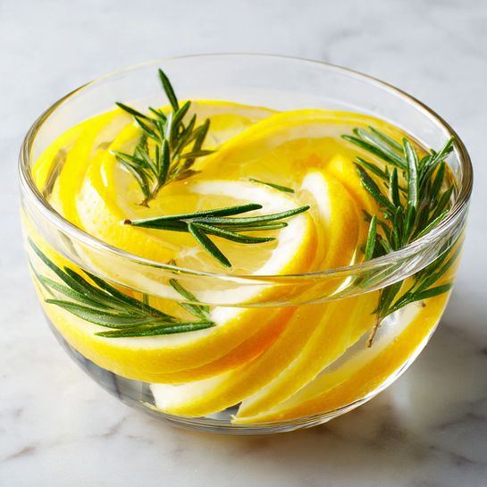A clear glass bowl filled with water has floating slices of bright yellow lemon with visible juicy pulp and thin white rinds, mixed with deep green sprigs of rosemary. The bowl sits on a white marbled surface, and the water shows light reflections. The lemon slices and rosemary create a layered look with alternating yellow and green colors, giving a fresh, simple, and clean feel. The image is bright and close-up, showing fine details like the texture of the lemon rind and the needles on the rosemary. Photo taken with an iphone --ar 4:5 --v 7