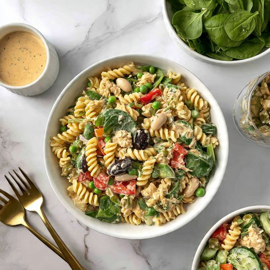 The image shows a large white bowl filled with creamy pasta salad. The salad has multiple layers: a base of spiral-shaped pasta in light yellow, mixed with bright green peas and leafy spinach; scattered pieces of dark green cucumber and red bell pepper chunks; small white beans and slices of black olives sit on top, all coated in a creamy dressing that adds a slight shine. Around the bowl, there is a white bowl with fresh spinach leaves, a small white bowl with a light brown dressing or sauce, and a smaller white bowl with a similar pasta salad. A gold fork and gold spoon rest near the main bowl on a white marbled surface. photo taken with an iphone --ar 4:5 --v 7