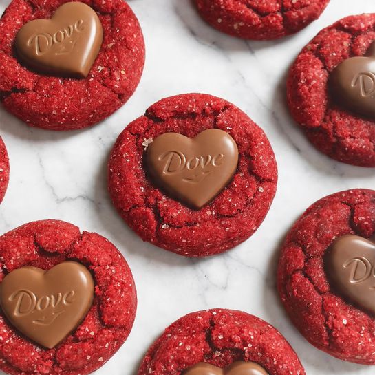 A white square plate holds twelve red sugar-coated cookies arranged in three neat rows of four. Each cookie is thick and round with a rough, sparkly red sugar texture and a slightly sunken center, where a smooth milk chocolate heart with the word