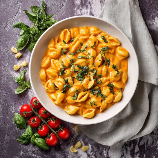 A white bowl filled with many small pasta shells covered in a creamy orange sauce, sprinkled with chopped green herbs on top. Next to the bowl, a bunch of bright red cherry tomatoes on green stems is placed on a dark purple surface. Some loose pasta shells and scattered green herbs can also be seen on the surface around the bowl. A light grey cloth is draped beside the bowl over a white marbled texture background. photo taken with an iphone --ar 4:5 --v 7