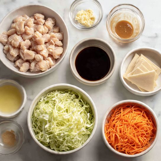 The image shows a white bowl full of small, pale pink raw chicken pieces in the upper left corner. Next to it is a small clear glass bowl with light brown sauce and another small white bowl with minced garlic. Below them is a small bowl with dark brown sauce. To the right there are three light beige folded sheets of thin dough on a white marbled surface. A white bowl full of shredded pale green cabbage is placed below the dough. At the far right, there is a small white bowl of shredded orange carrots and a white bowl with a light yellow liquid, all arranged on a white marbled surface. Photo taken with an iphone --ar 4:5 --v 7