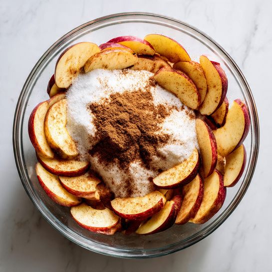 A clear glass bowl filled with many slices of red and yellow apples, each slice coated lightly with brown cinnamon powder. On top of the apple slices, there is a pile of fine white sugar and a mound of cinnamon powder in the center. The bowl sits on a white marbled surface. The apple slices show a slightly rough texture with a warm brown dusting from the cinnamon. Photo taken with an iphone --ar 4:5 --v 7