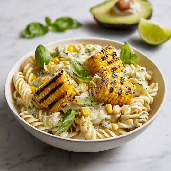 The dish shows a close view of spiral pasta tossed with grilled corn pieces that have dark char marks, creamy white cheese crumbles, green peas, and small chunks of avocado with light green flesh and darker green skin. Bright green fresh basil leaves are scattered on top, adding a fresh look. The pasta is light cream colored with a slightly glossy texture. All the ingredients sit in a white bowl, with a clean white marbled surface in the background. The full mix looks fresh, colorful, and well layered for a light and vibrant meal photo taken with an iphone --ar 4:5 --v 7