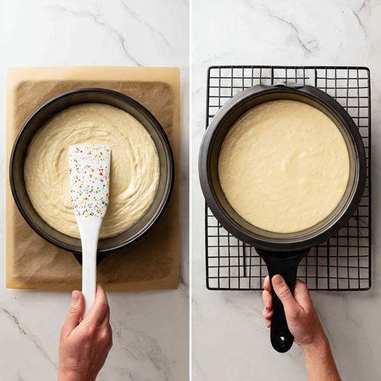 The image shows two side-by-side photos of cake batter in a round black cake pan. On the left, a woman's hand is holding a white spatula with colorful specks, spreading smooth, pale yellow cake batter evenly inside the pan. The pan is placed on a piece of brown parchment paper on top of a white marbled surface. On the right, the same cake pan is sitting on a black cooling rack with the smooth, pale yellow cake batter level and ready to bake. Two black oven mitts hold the pan from the sides. Photo taken with an iphone --ar 4:5 --v 7