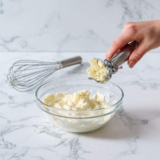 A clear glass bowl holds a creamy white mixture with a soft texture, positioned on a white marbled surface. Above the bowl, a woman's hand grips a silver garlic press, squeezing fresh pale yellow garlic pieces directly into the creamy mixture. A silver whisk lies nearby in the background on the white marbled surface. The scene is bright and focuses closely on the mixing process. photo taken with an iphone --ar 4:5 --v 7