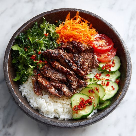 A bowl with three main layers is shown on a white marbled surface. The bottom layer is fluffy white rice, covering the whole base of a dark rustic bowl. On top of the rice, there are slices of grilled dark brown beef with a shiny, slightly charred texture, spread in the center. Around the beef, on one side, there are bright green leafy herbs, behind them, a small portion of shredded orange carrots and red tomato slices with visible seeds, and on the other side, thin light green cucumber slices with red chili flakes sprinkled on them. The dish looks fresh and colorful. Photo taken with an iphone --ar 4:5 --v 7