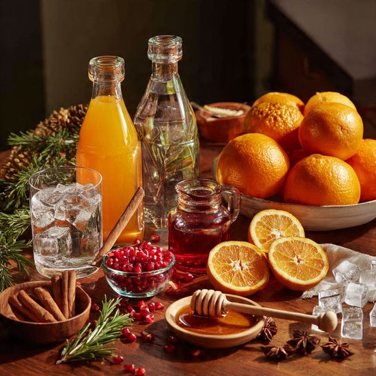 A clear glass pitcher filled with a bright orange-red drink, layered with several slices of orange and lime arranged vertically inside, and a cluster of red cranberries floating at the top. A single orange slice and two green sprigs of rosemary stand upright, nestled among the cranberries near the spout. The pitcher sits on a warm wooden surface beside a window, the light casting soft shadows. The background is dark, enhancing the vivid colors inside the pitcher. Photo taken with an iphone --ar 4:5 --v 7