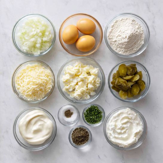 The image shows twelve small clear glass bowls arranged on a white marbled surface. Starting from the top left, there is a bowl of white chopped onions, next to it a bowl with two whole yellow eggs, followed by a bowl of light brown sauce, a bowl of white flour, and a bowl with finely chopped green herbs. Below them, from left to right, are a bowl filled with white shredded breadcrumbs, a bowl of thick white creamy mayonnaise, a bowl of white creamy sour cream, a bowl of white creamy cottage cheese, a pile of minced garlic, a bowl of ground black pepper, and finally a bowl with green sliced pickles. The glass bowls are uniformly round and transparent to clearly show the ingredients inside. Photo taken with an iphone --ar 4:5 --v 7