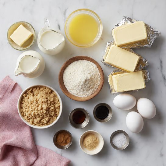 The image shows an arrangement of baking ingredients placed on a white marbled surface. There are four silver-wrapped blocks of butter stacked together on the right side. Two white eggs rest below the blocks. To the left, there's a small glass jug filled with melted yellow butter, above a small bowl of light brown crumbs or crushed graham crackers. Below the melted butter jug is a glass jug with white cream. Near the center are a white bowl filled with white sugar and a small wooden bowl with white flour. Surrounding these are three small metal bowls containing light brown spices, black vanilla extract, and white salt. In the bottom left corner, a pink linen cloth is visible. Photo taken with an iphone --ar 4:5 --v 7