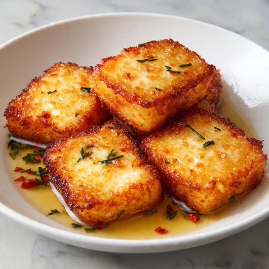 The image shows a close-up of five pieces of fried cheese with a golden and slightly charred crust on the top and sides, placed in a white bowl. Each piece is rectangular and has a bubbly texture with glistening oil on the surface. Small bits of green herbs and red flakes are scattered in the oil underneath the cheese, adding color contrast. The white bowl sits on a white marbled surface. Photo taken with an iphone --ar 4:5 --v 7