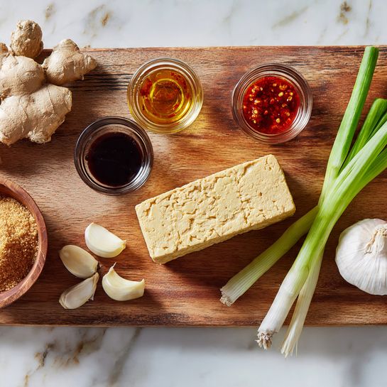 The image shows a wooden cutting board on a white marbled surface with a rectangular block of pale yellow tempeh placed on the right side. Around the board are various ingredients: a small wooden bowl containing brown sugar at the bottom left, several garlic cloves just above it, and a large piece of fresh ginger in the top left corner. To the upper middle are three small glass containers filled with reddish chili sauce, light yellow vinegar, and dark soy sauce from left to right. Two fresh green onions with white bulbs rest horizontally near the top right, and a whole garlic bulb sits to their right. The image is well-lit with clear shadows, showing natural textures and colors. photo taken with an iphone --ar 4:5 --v 7