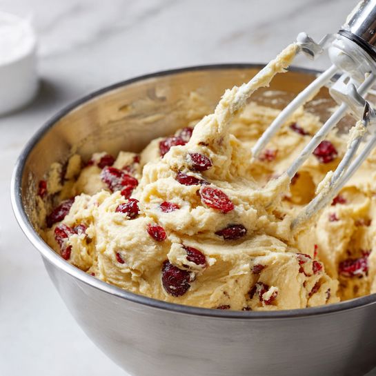 A silver mixing bowl is filled with creamy, pale yellow cookie dough mixed with bright red cranberries scattered evenly throughout. The dough has a smooth but thick texture, clinging to white metal mixer beaters that are raised above the bowl. The scene is set on a surface with white marbled texture, and there is a blurred white container in the background. The focus is tight on the dough and the beaters, showing the contrast between the soft dough and the shiny metal bowl. photo taken with an iphone --ar 4:5 --v 7