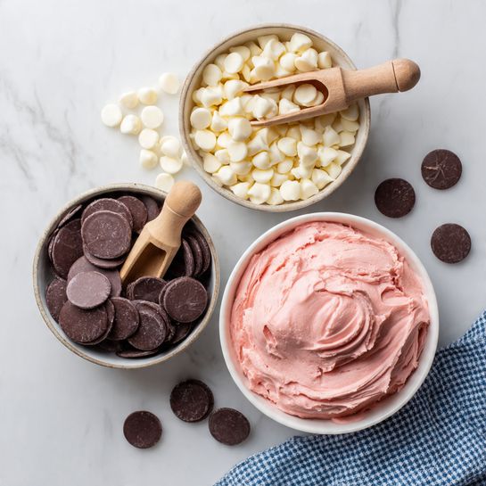 The image shows three bowls on a white marbled surface. The top bowl is filled with small, round, white chocolate chips with a wooden scoop resting on top. The bottom left bowl contains dark chocolate discs with a wooden scoop placed inside. To the right, there is a white bowl with smooth, thick pink frosting or cream. Around the bowls, a few dark chocolate discs are scattered, and a corner of a blue and white checkered cloth is visible at the bottom right. Photo taken with an iphone --ar 4:5 --v 7