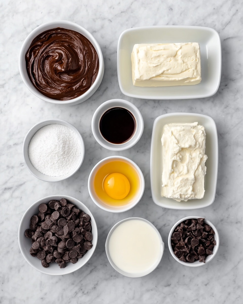 The image shows nine small white bowls and one small white rectangular dish arranged neatly on a white marbled surface. The top left bowl contains thick dark brown chocolate batter with a smooth swirl texture. To its right, the rectangular dish holds a solid block of white cream cheese. Below the batter bowl is a bowl filled with white granulated sugar, and to its right, a tiny bowl contains dark brown vanilla extract. Next to it is a bowl with a raw egg yolk and egg white, bright yellow and clear. Below the sugar bowl is a bowl full of dark chocolate chips. To its right, there are three bowls of white creamy liquids displayed in a descending diagonal line. The last bowl, to the right and below the creamy bowls, is filled with smaller dark chocolate chips. The setup is clean and tidy with all items clearly visible, photo taken with an iphone --ar 4:5 --v 7