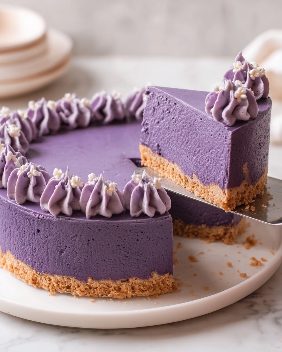 The image shows a purple cheesecake with a crumbly light brown base. The cheesecake has two main layers: the thick, smooth purple cream cheese layer on top and the crumbly base below. Around the edge of the cheesecake, there are piped dollops of purple cream, adding texture and decoration. One slice is being lifted from the cake on a metal spatula, showing the inside texture of the cheesecake. The cheesecake is placed on a white plate, and the background is a white marbled surface. Photo taken with an iphone --ar 4:5 --v 7