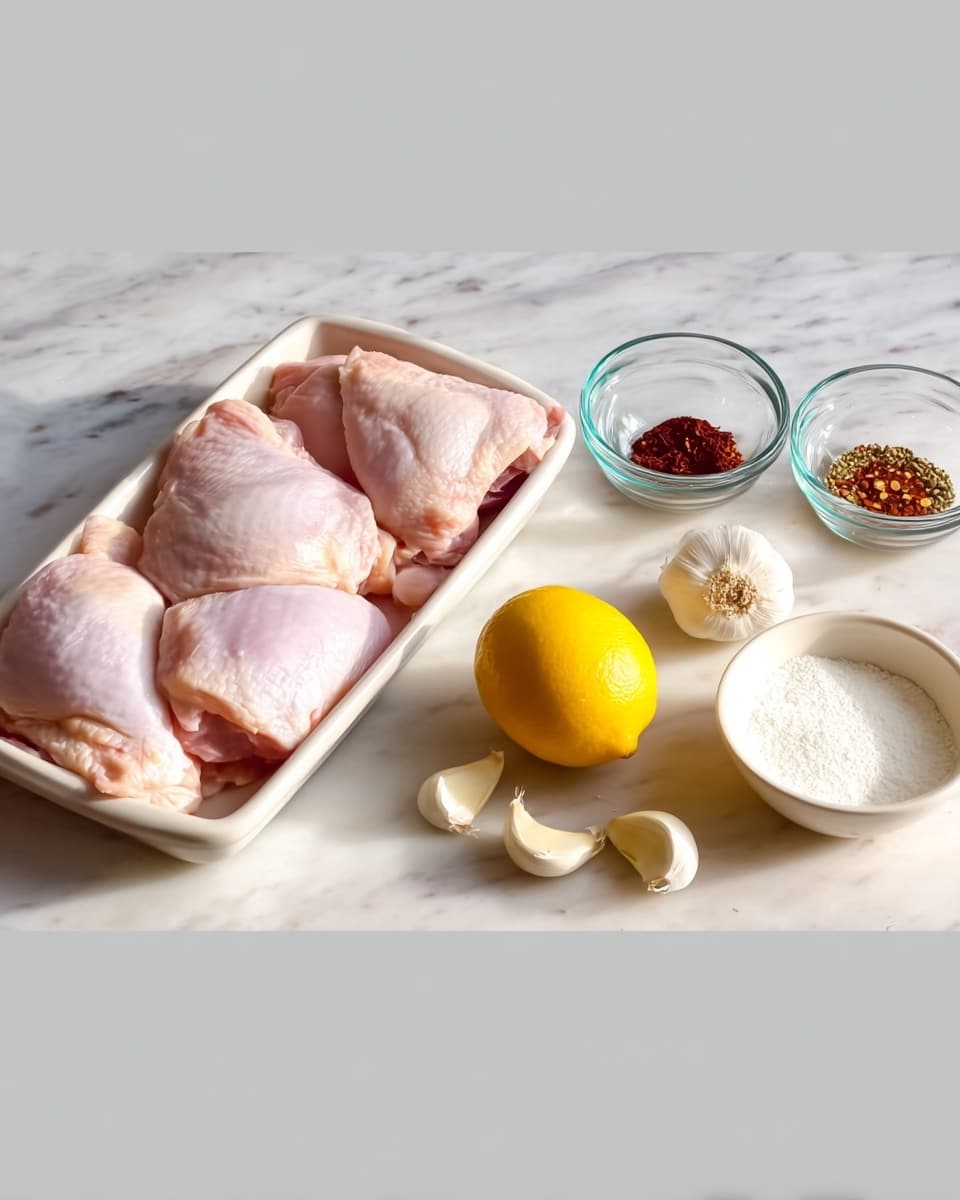 The image shows six raw chicken pieces with a light pink color placed in a white tray on a white marbled surface. Nearby are three small clear glass bowls with red, brown, and halved seeds spices inside, and a whole bright yellow lemon beside them. In front of the lemon is a small cluster of white garlic cloves, and to the far right is a white bowl filled with a white powder. The overall setup is neat and bright, with soft natural light and a clean background. Photo taken with an iphone --ar 4:5 --v 7