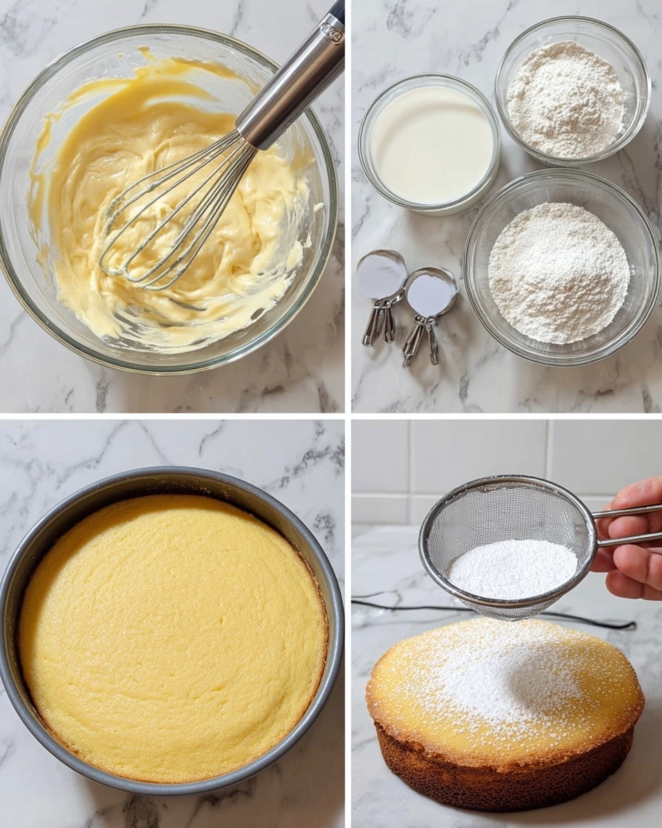 The image shows a four-step process of making a cake on a white marbled surface. The first part has a clear glass bowl with a creamy pale yellow batter, mixed with a silver mixer whisk with two beaters. The second part shows the same bowl and mixer whisk, now with a small amount of white liquid added on the batter, and nearby are two clear glass containers holding white flour and some milk. The third part shows a round gray baking pan filled evenly with the smooth pale yellow batter. The last part shows a close-up of a golden-brown baked cake being dusted with white powdered sugar through a fine mesh sieve held by a woman's hand. Photo taken with an iphone --ar 4:5 --v 7