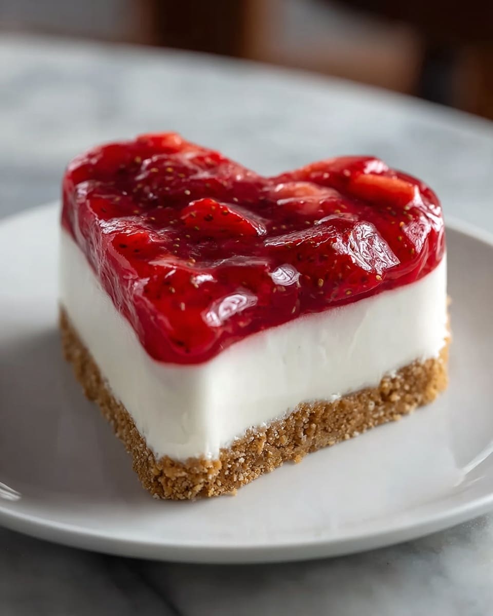 A heart-shaped dessert with three clear layers sits on a white plate on a white marbled surface. The bottom layer is crumbly and golden brown in texture, forming a solid base. The middle layer is thick, smooth, and white, creamy in appearance, and evenly shaped. The top layer is a shiny, vibrant red strawberry glaze with visible fruit pieces and a slightly uneven, glossy surface that gently spills over the edges. The photo is close-up, showing textures well, and the background is softly blurred. photo taken with an iphone --ar 4:5 --v 7