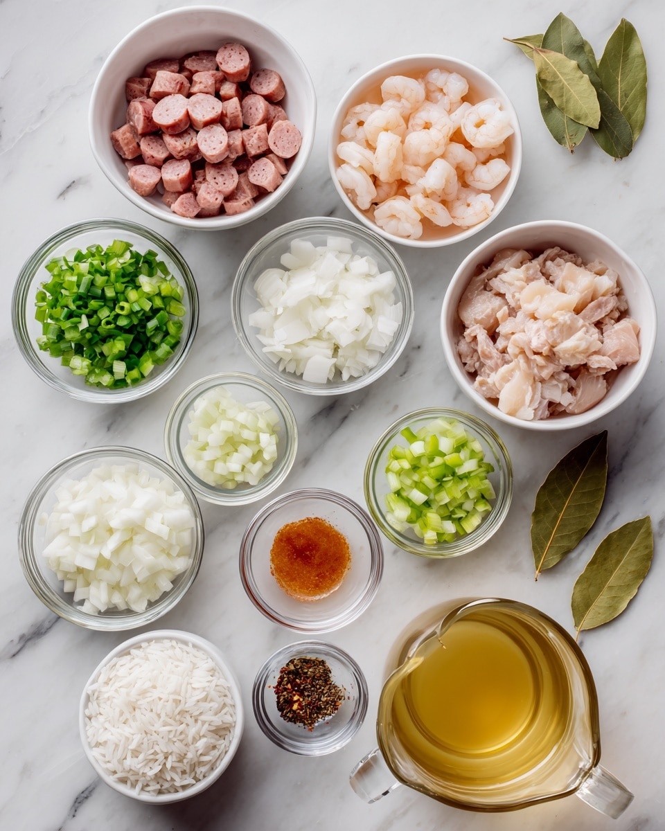 The image shows many small white bowls and clear glass bowls on a white marbled surface. From left to right, there are sliced sausage pieces in a white bowl, raw pieces of pink chicken in a white bowl, chopped green onions in a clear glass bowl, small amounts of orange and brown sauces in tiny clear bowls, finely diced white onion in a clear glass bowl, diced celery in two clear glass bowls, minced garlic in a small clear glass bowl, raw white rice in a clear glass bowl, black pepper and a reddish powder in small white bowls, two green bay leaves, and a clear glass measuring cup with light yellow chicken broth. All bowls and containers are neatly arranged and filled with fresh ingredients photo taken with an iphone --ar 4:5 --v 7