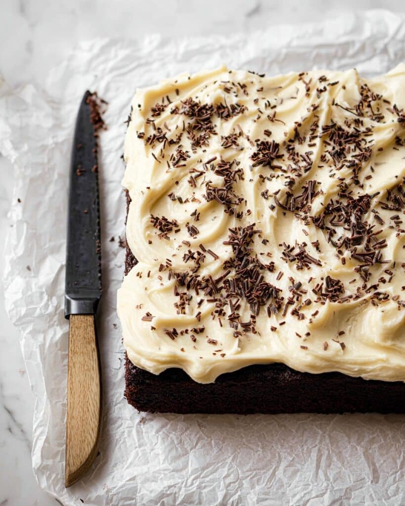 Cream Cake with Irish Cream Frosting and Chocolate Shavings Recipe