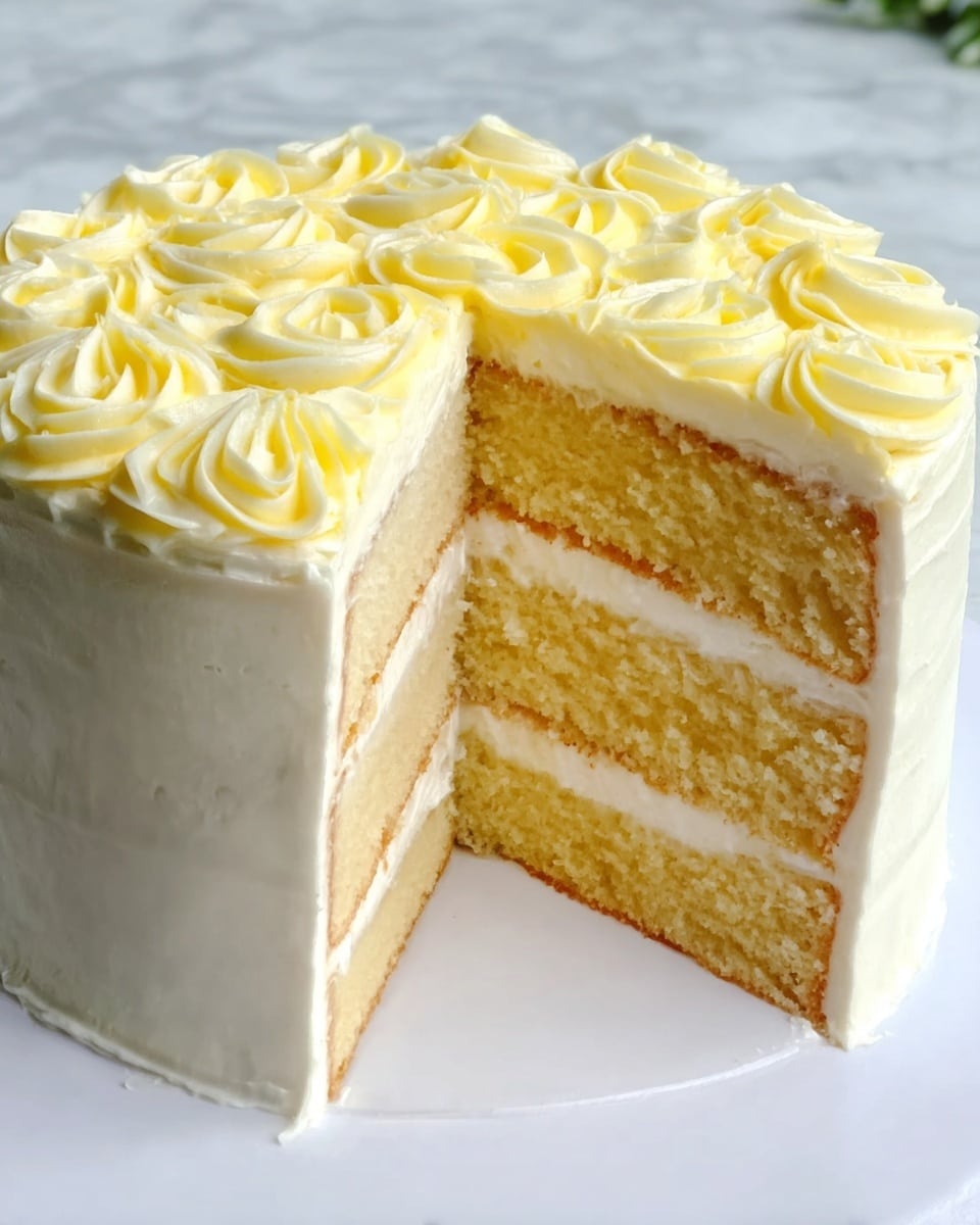 A three-layer vanilla cake stands on a white marbled surface, each layer separated by a thin white cream filling. The outside of the cake is coated smoothly with white frosting, and the top is decorated with yellow cream rosettes that cover the entire surface. A slice has been removed, showing the soft texture of the yellowish cake layers inside. The cake sits on a plain white base. Photo taken with an iphone --ar 4:5 --v 7